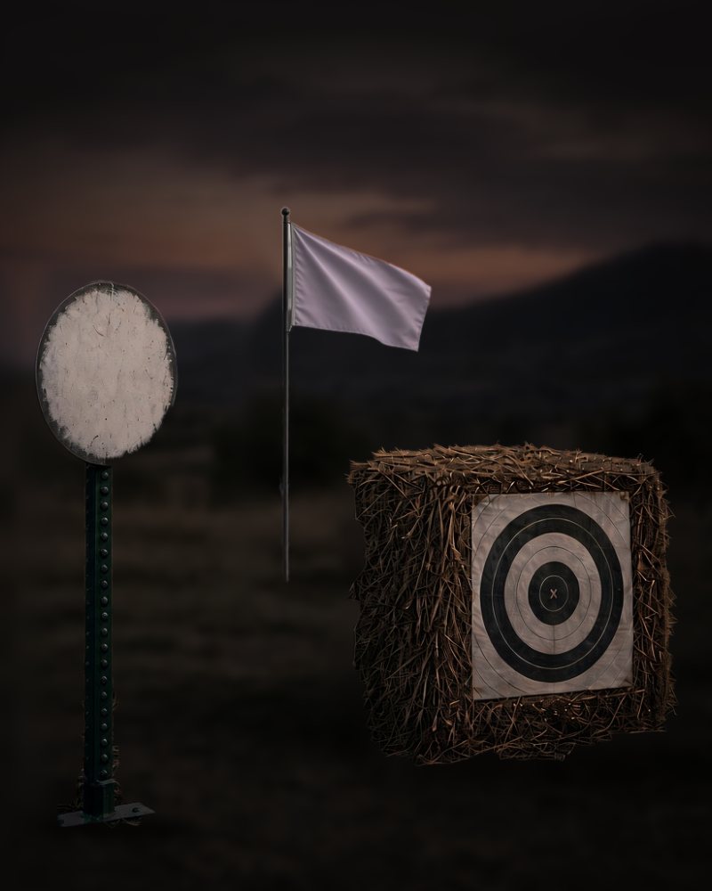A steel plate on a post, a white wind flag and an archery target on a hay bale, at dusk