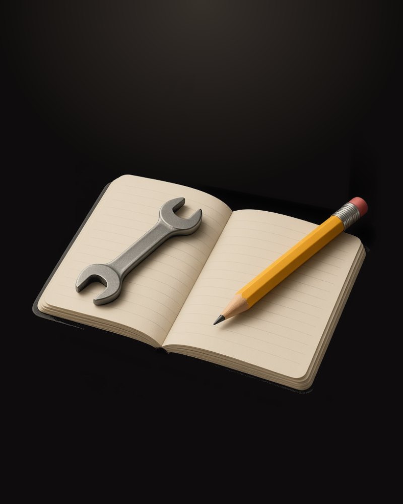 An open notebook with a wrench and a pencil on it